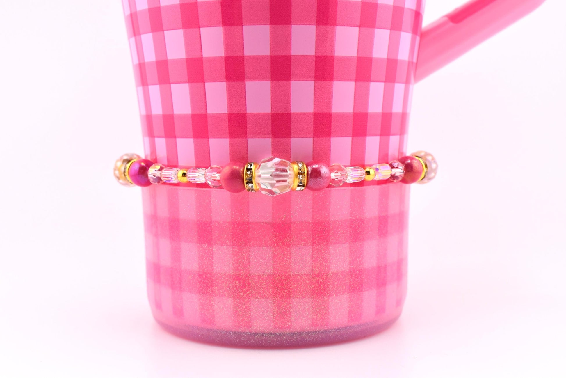 Pink Gingham Bracelet: Pink and Gold Beaded Bracelet