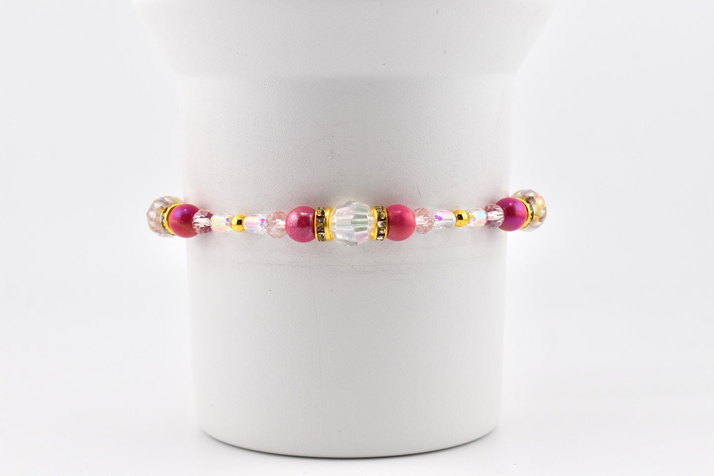 Pink Gingham Bracelet: Pink and Gold Beaded Bracelet