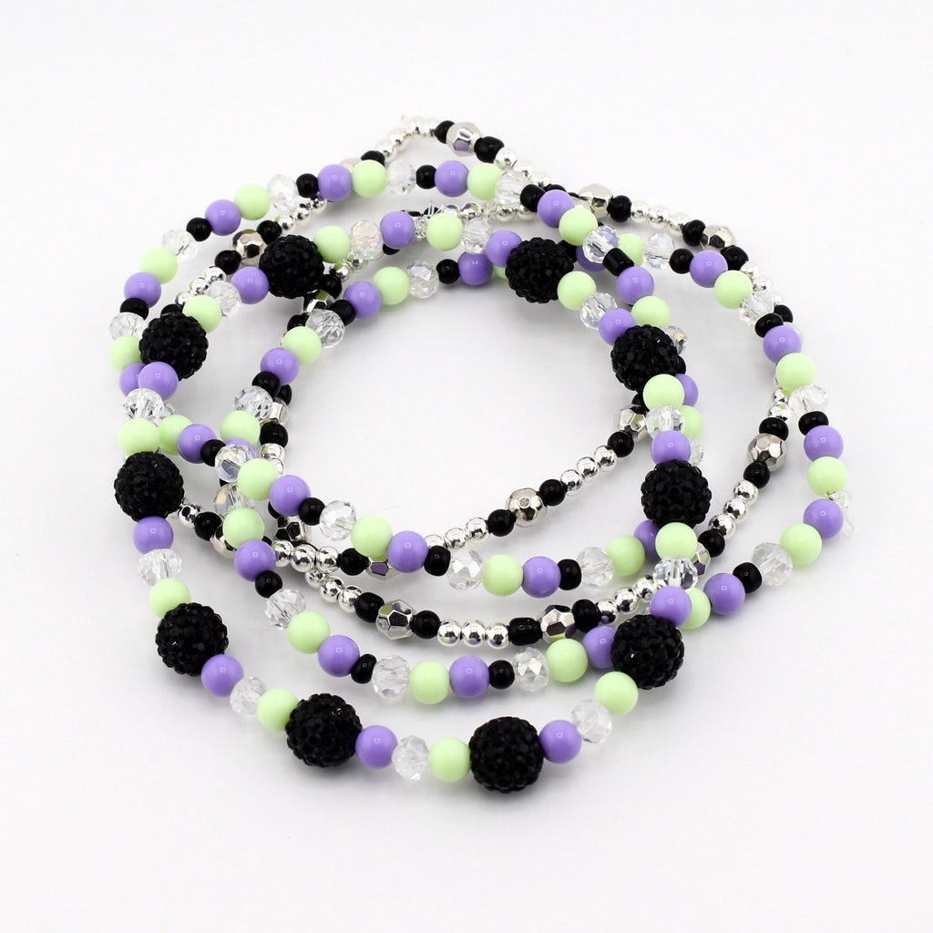 Hypnotic Green Bracelet Collection: Pastel Purple Green and Black Beaded Bracelets