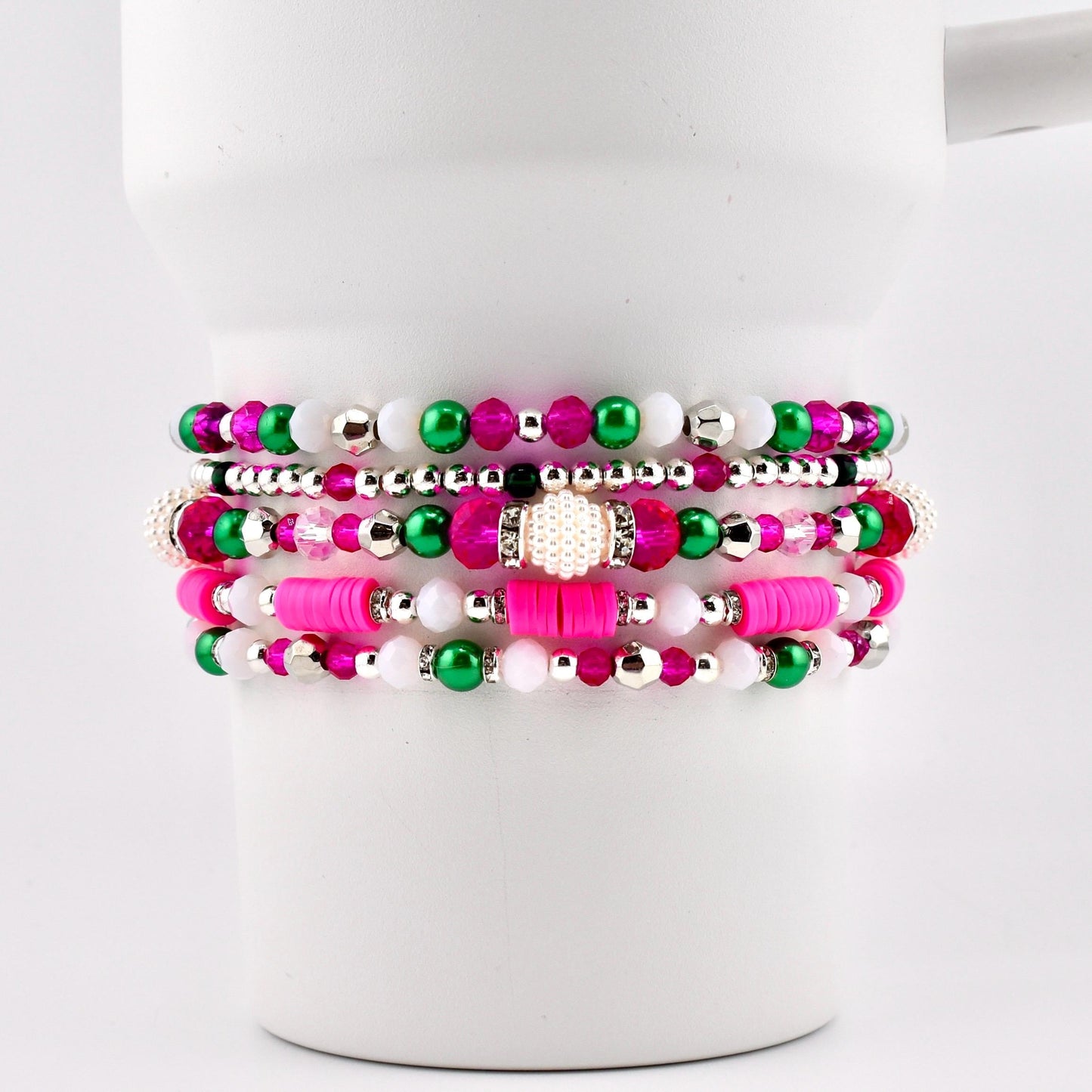 Pink and Green Bracelet Stack — Pink Green and Silver Beaded Bracelets