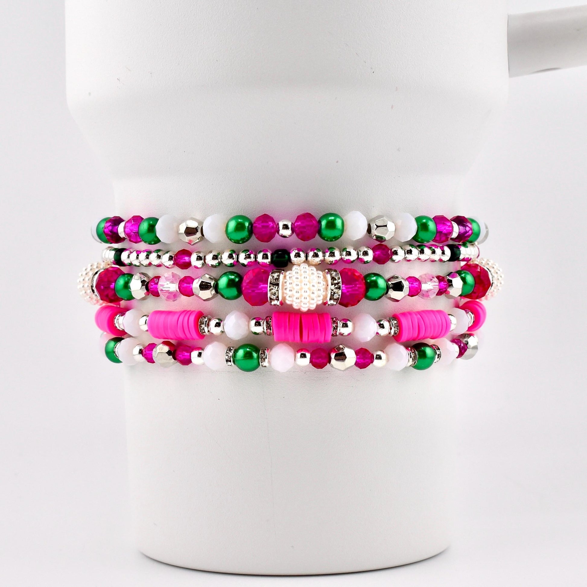 Pink and Green Bracelet Stack — Pink Green and Silver Beaded Bracelets