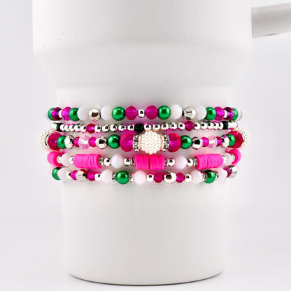 Pink and Green Bracelet Stack — Pink Green and Silver Beaded Bracelets