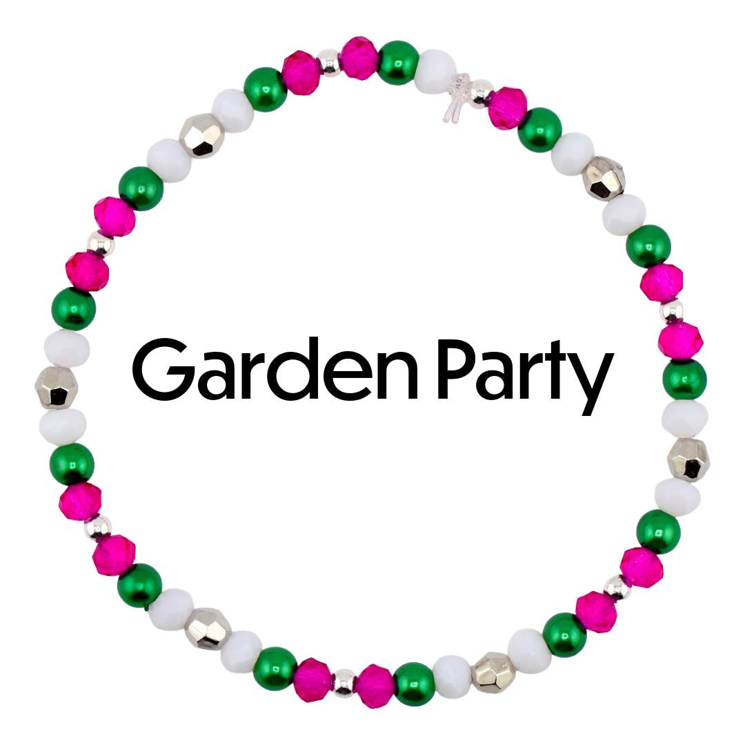 A beaded bracelet with the text "Garden Party". The bracelet features a pattern of pink, green, white, and silver beads. The beads are strung together on a silver chain, creating a circular design.