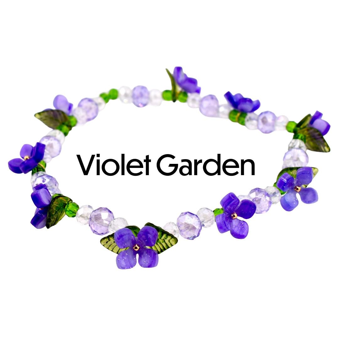 Violet Garden Bracelet Stack | Purple Flower Beaded Stretch Bracelets