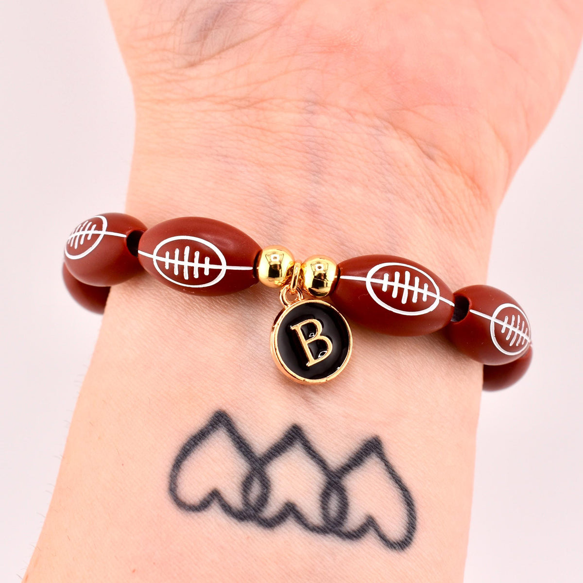 Football Beaded Bracelet with Letter Charm and Gold Accent Beads