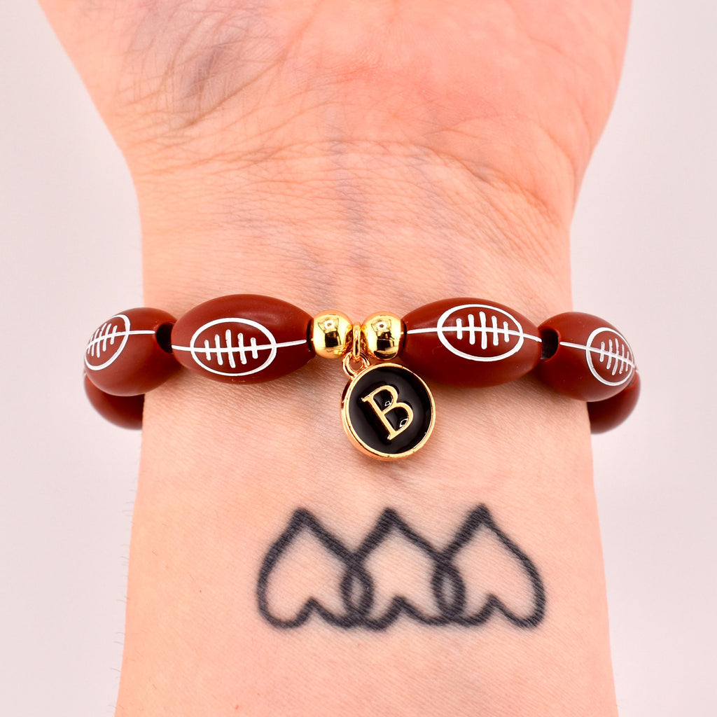 Football Beaded Bracelet with Letter Charm and Gold Accent Beads