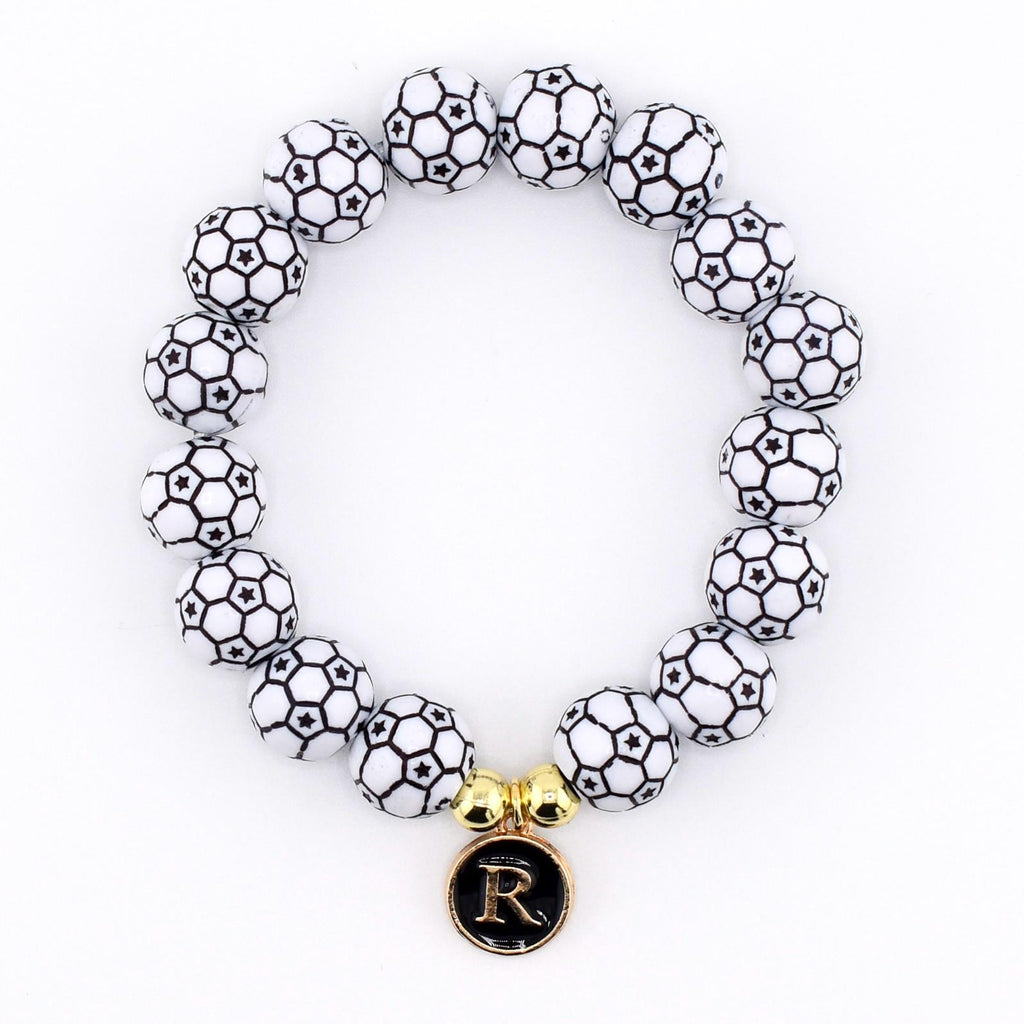 Soccer Ball Beaded Bracelet with Letter Charm and Gold Accent Beads