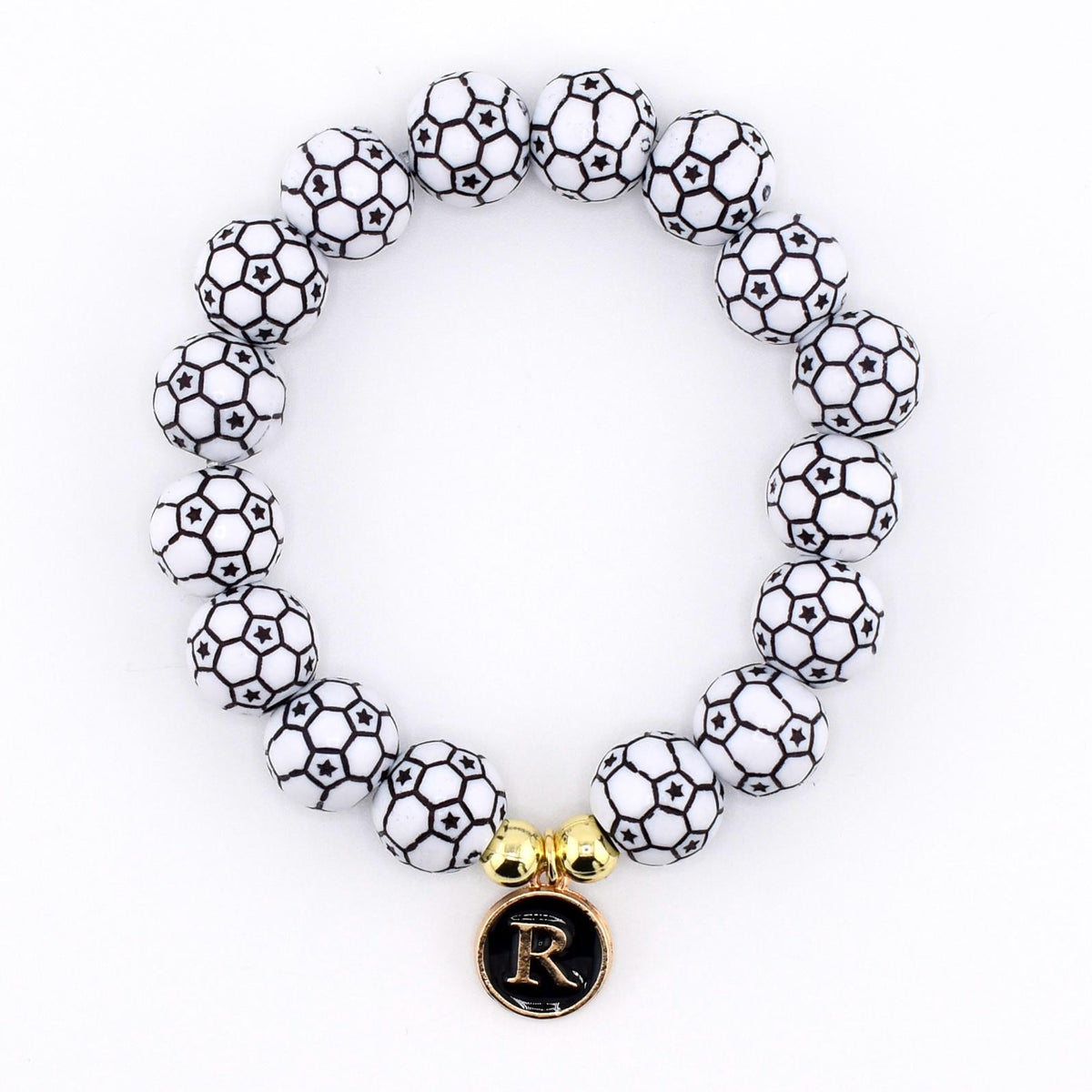 Soccer Ball Beaded Bracelet with Letter Charm and Gold Accent Beads