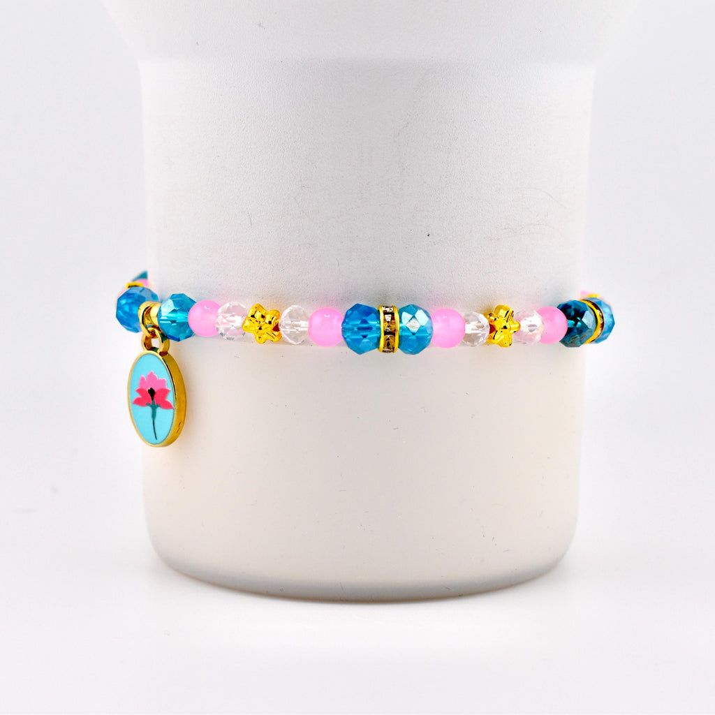 Pink Blue and Crystal Beaded Bracelet with Flower Charm