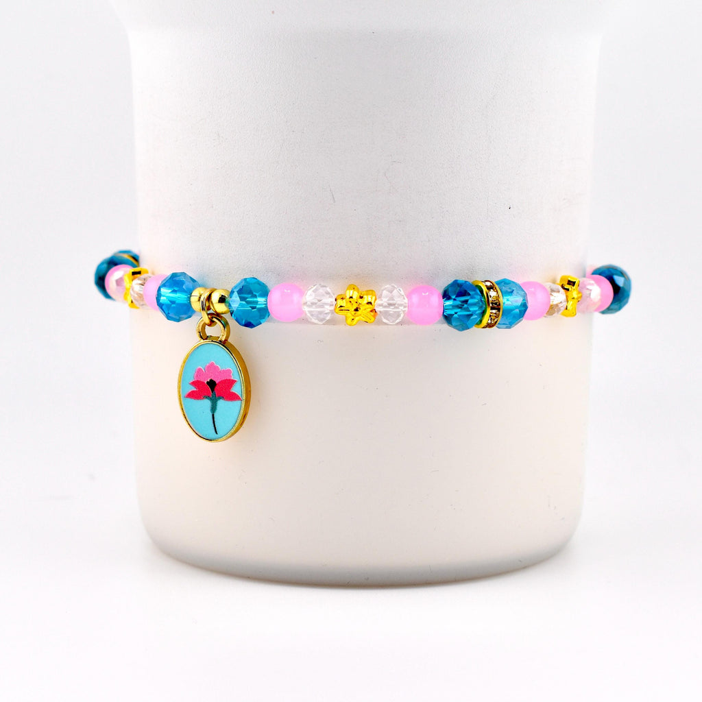 Pink Blue and Crystal Beaded Bracelet with Flower Charm