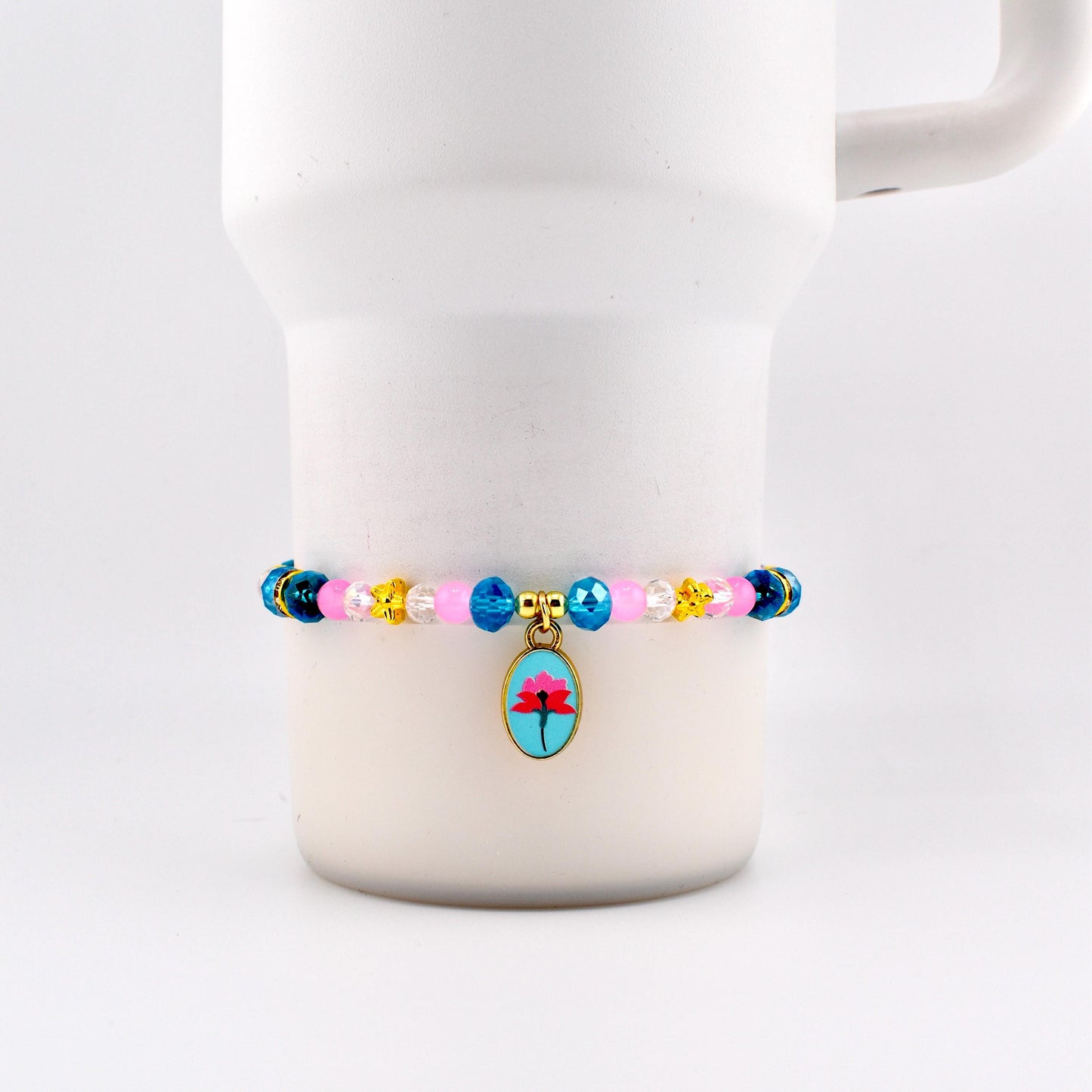 Pink Blue and Crystal Beaded Bracelet with Flower Charm