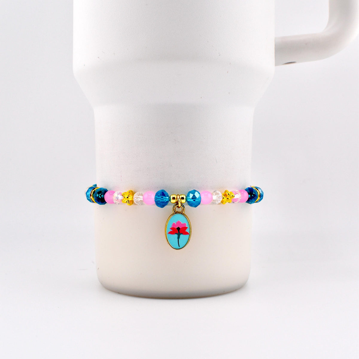 Pink Blue and Crystal Beaded Bracelet with Flower Charm
