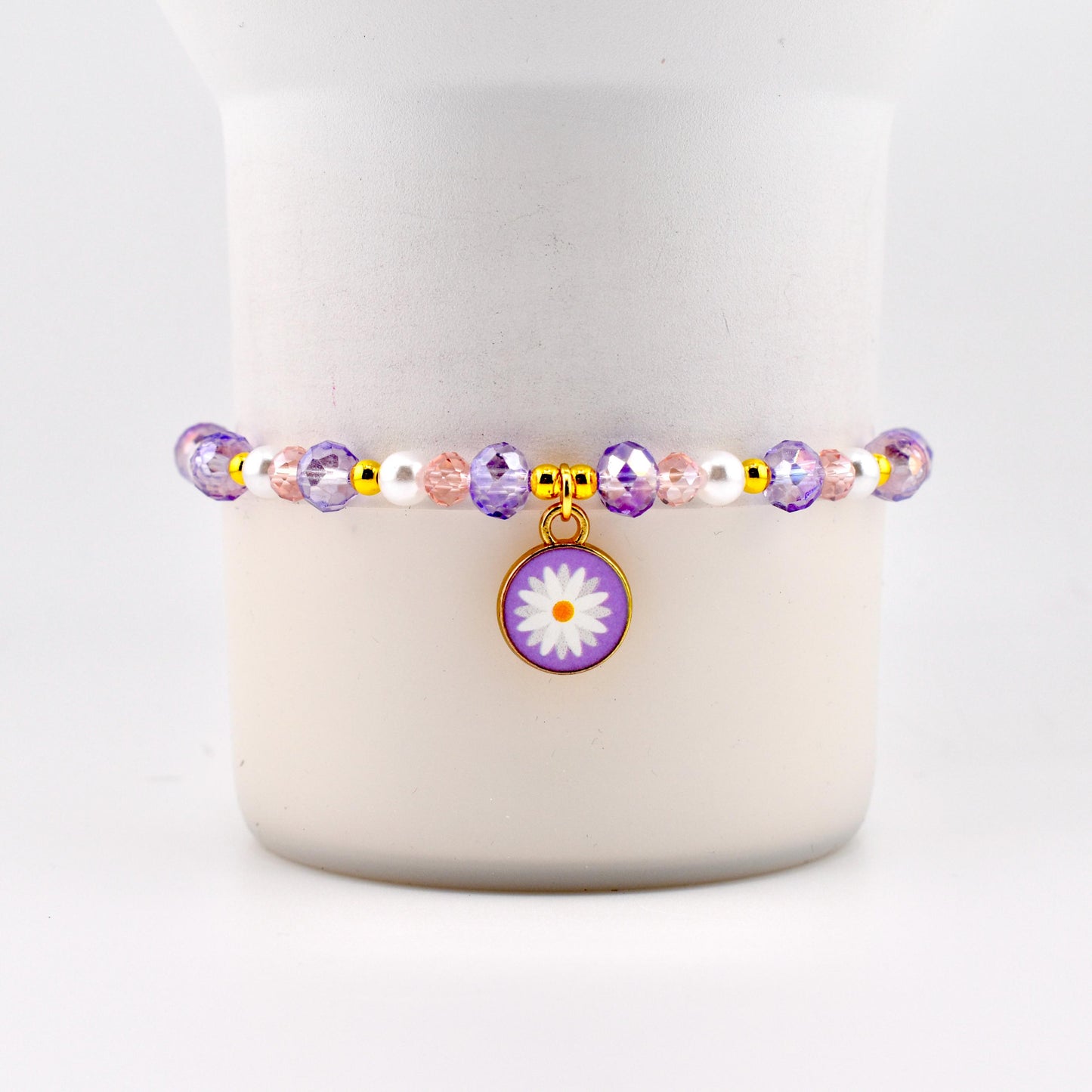Pink and Purple Daisy Charm Bracelet with Gold Accents