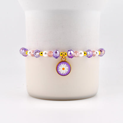 Pink and Purple Daisy Charm Bracelet with Gold Accents