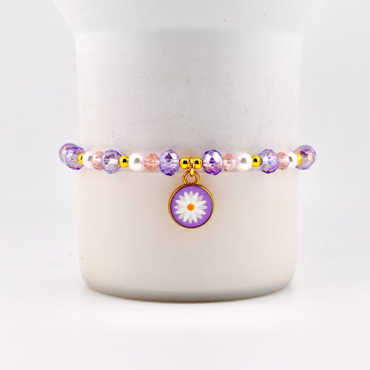 Pink and Purple Daisy Charm Bracelet with Gold Accents