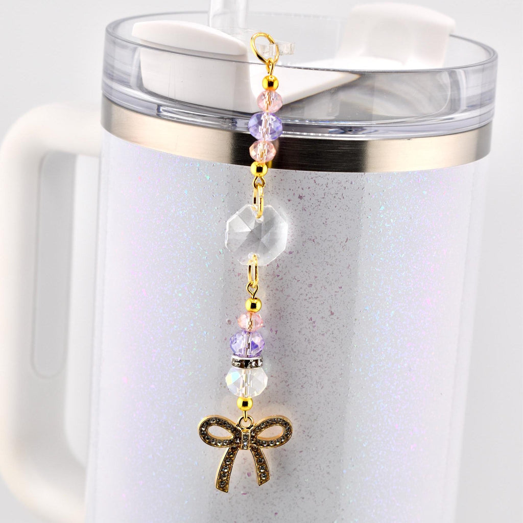 Purple Pink and Crystal Straw Charm or Keychain with Gold Rhinestone Bow Charm