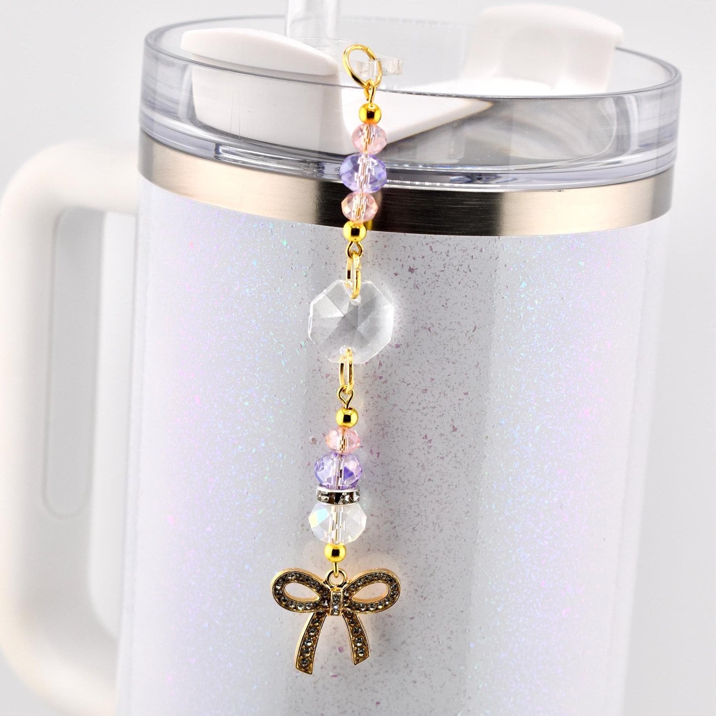 Purple Pink and Crystal Straw Charm or Keychain with Gold Rhinestone Bow Charm