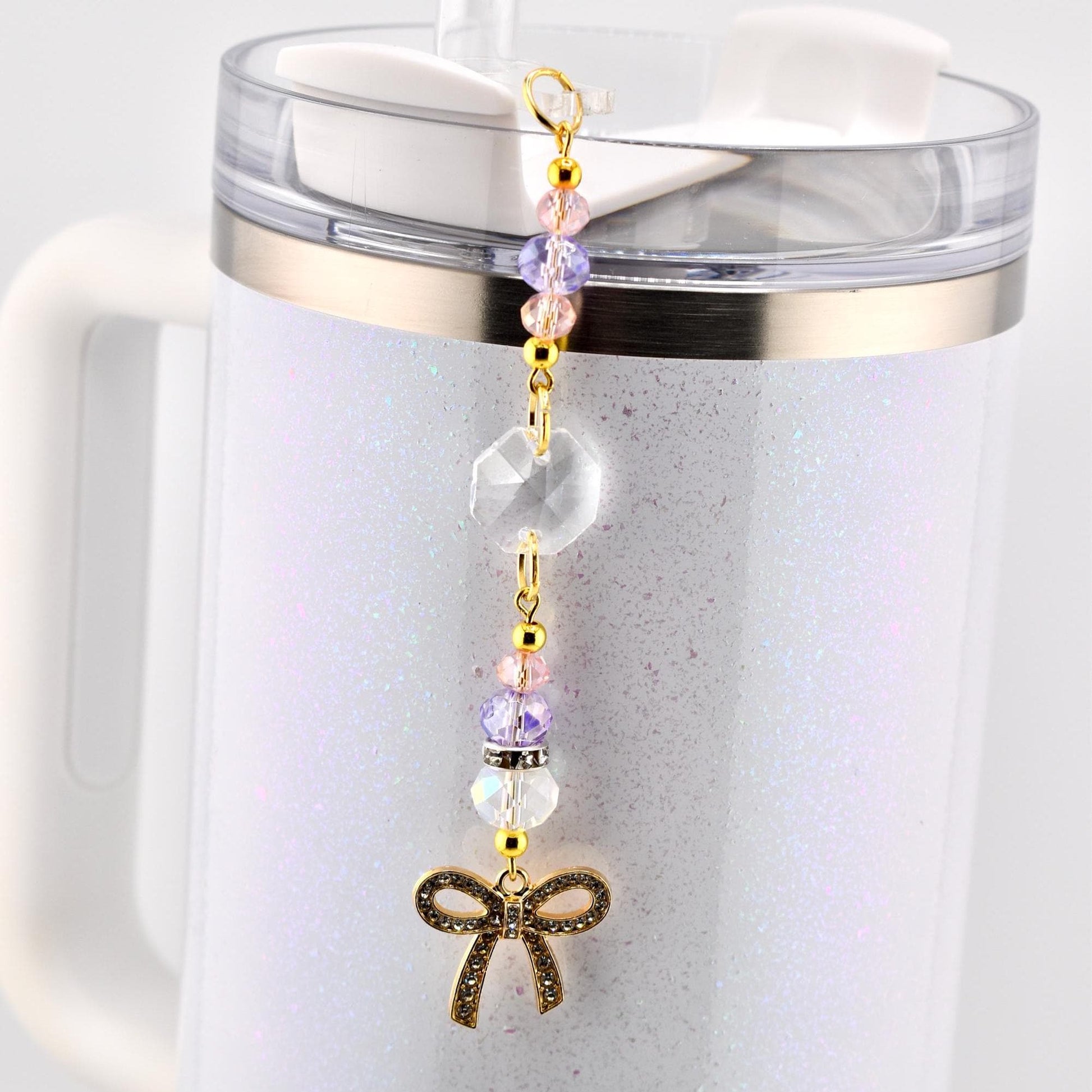 Purple Pink and Crystal Straw Charm or Keychain with Gold Rhinestone Bow Charm