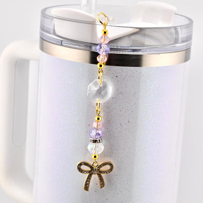 Purple Pink and Crystal Straw Charm or Keychain with Gold Rhinestone Bow Charm