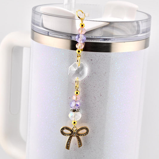 Purple Pink and Crystal Straw Charm or Keychain with Gold Rhinestone Bow Charm