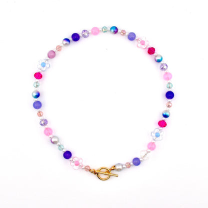 Beaded Flower Necklace | Pink Purple Blue Daisy Bead Necklace | Gold Toggle Clasp