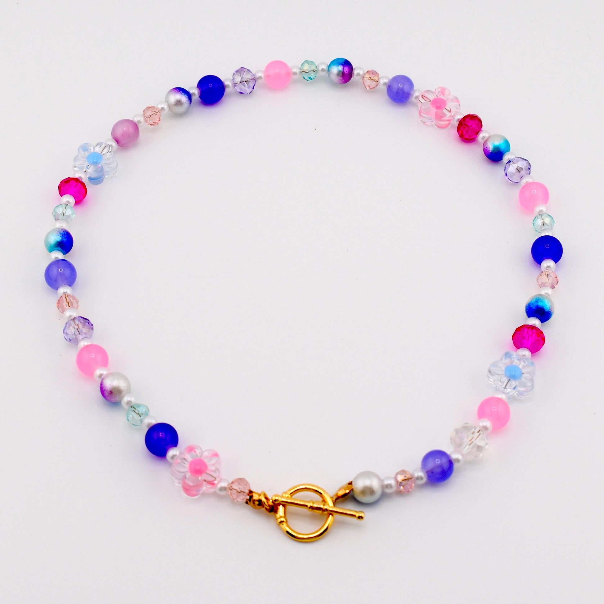 Beaded Flower Necklace | Pink Purple Blue Daisy Bead Necklace | Gold Toggle Clasp