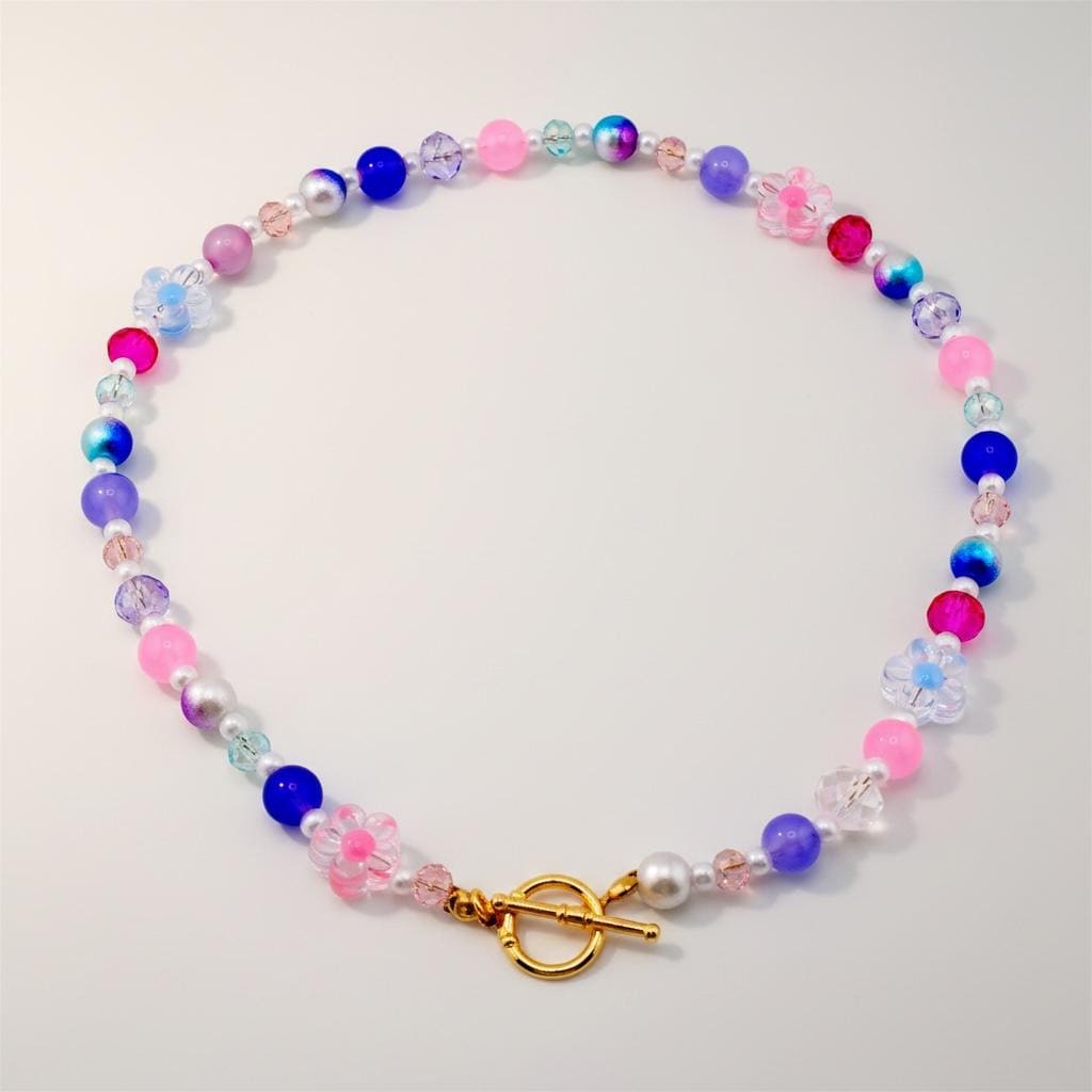 Beaded Flower Necklace | Pink Purple Blue Daisy Bead Necklace | Gold Toggle Clasp