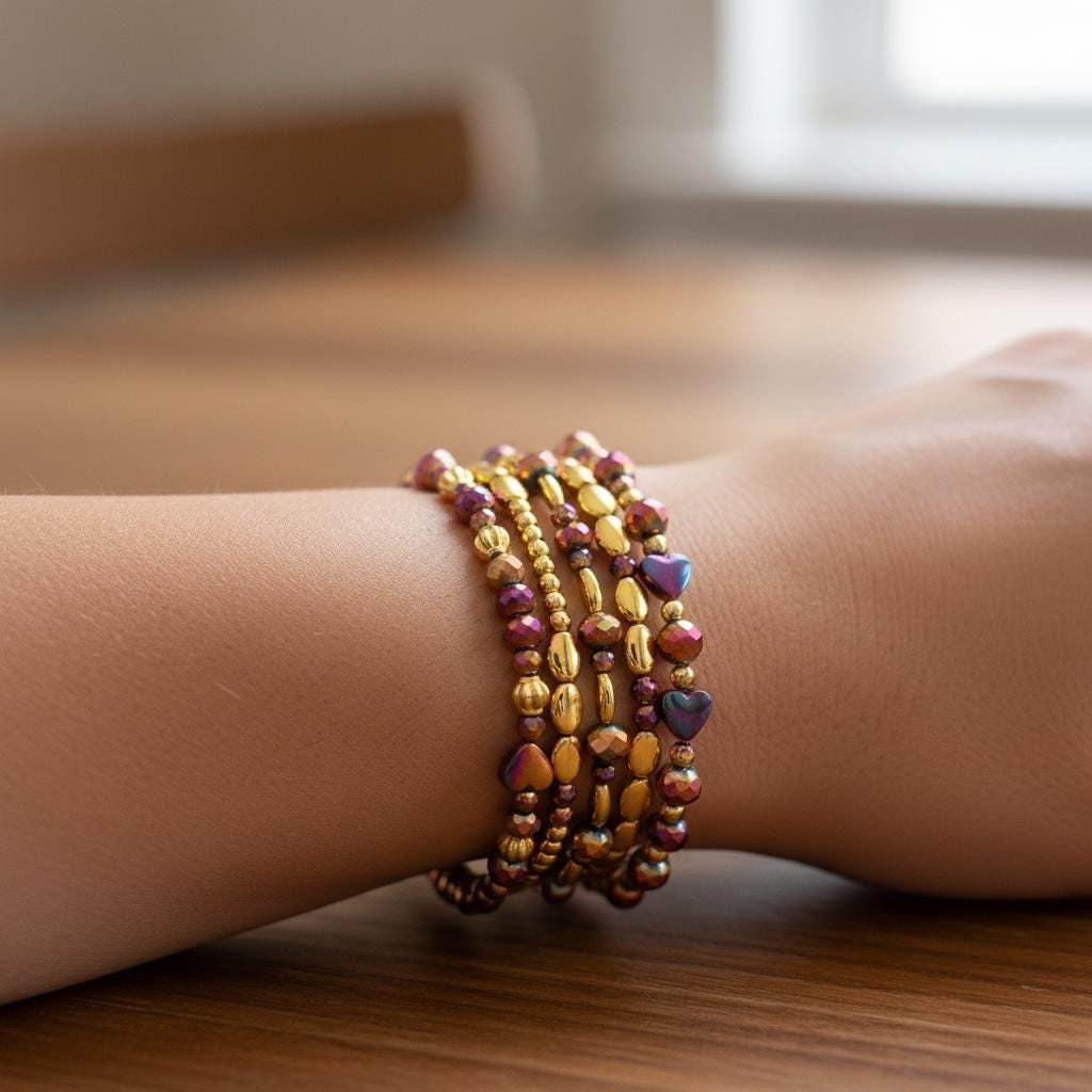 Country Gold Bracelet Collection - Dark Red and Gold Iridescent Beaded Bracelets