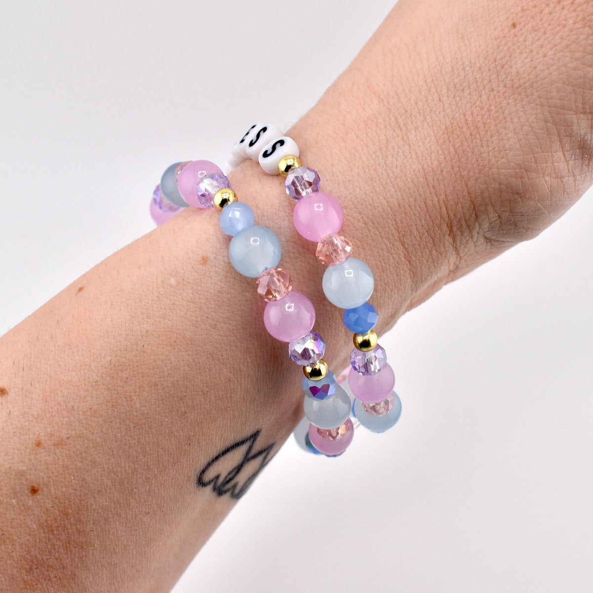 Purple, Blue, and Pink Beaded Bracelet Set: Crystal and Gold Accents
