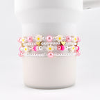 Pink Daisy Beaded Bracelet Stack: Pastel Flower and Heart Bead Accents