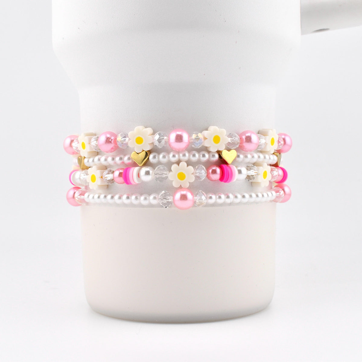 Pink Daisy Beaded Bracelet Stack: Pastel Flower and Heart Bead Accents