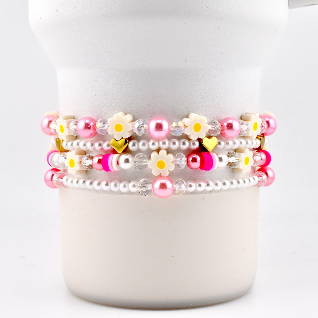 Pink Daisy Beaded Bracelet Stack: Pastel Flower and Heart Bead Accents