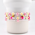 Pink Daisy Beaded Bracelet Stack: Pastel Flower and Heart Bead Accents