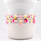 Pink Daisy Beaded Bracelet Stack: Pastel Flower and Heart Bead Accents