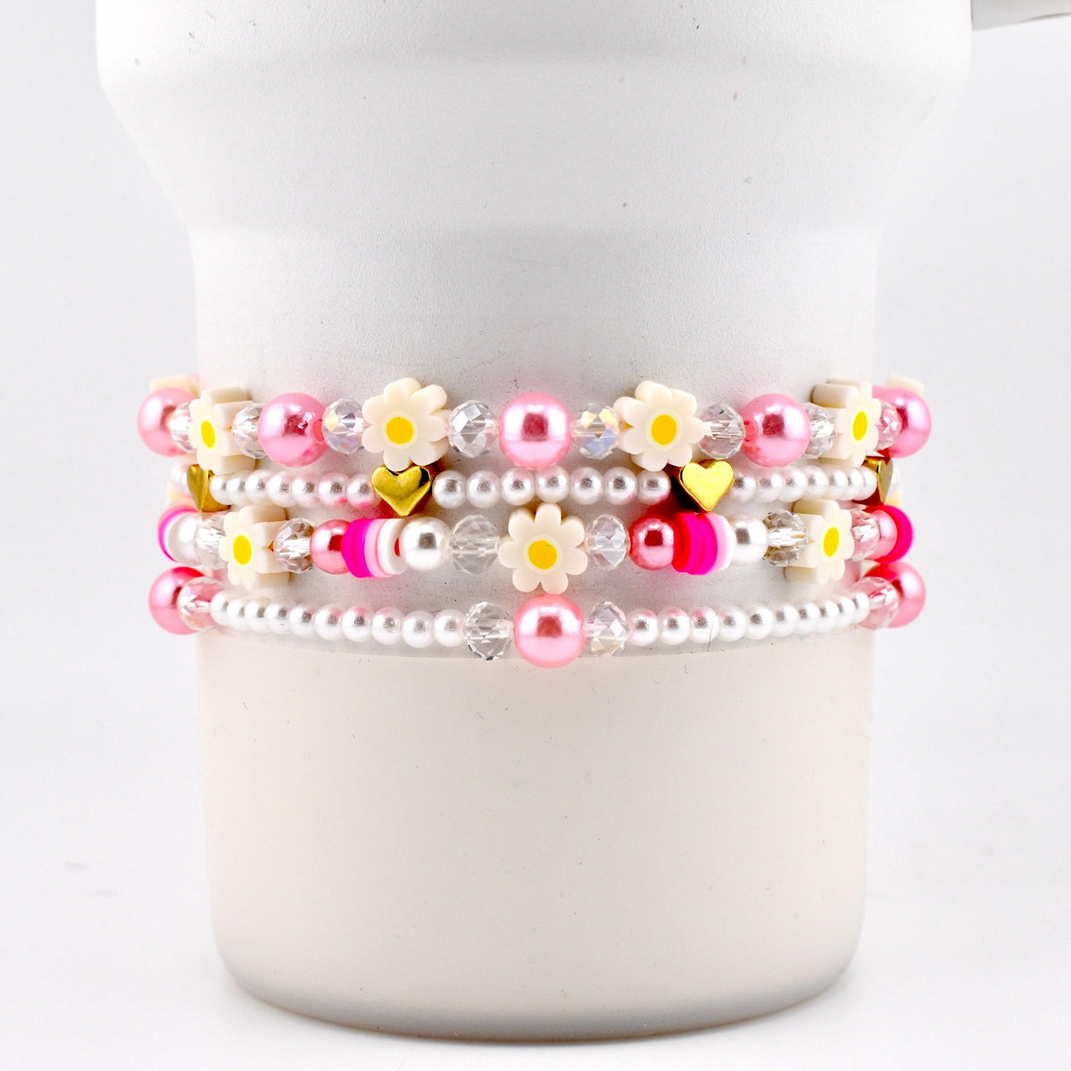 Pink Daisy Beaded Bracelet Stack: Pastel Flower and Heart Bead Accents