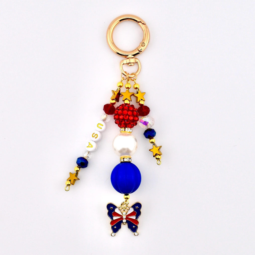 Patriotic Beaded Bag Charm | USA Flag Flip Flop, Star Straw Charm