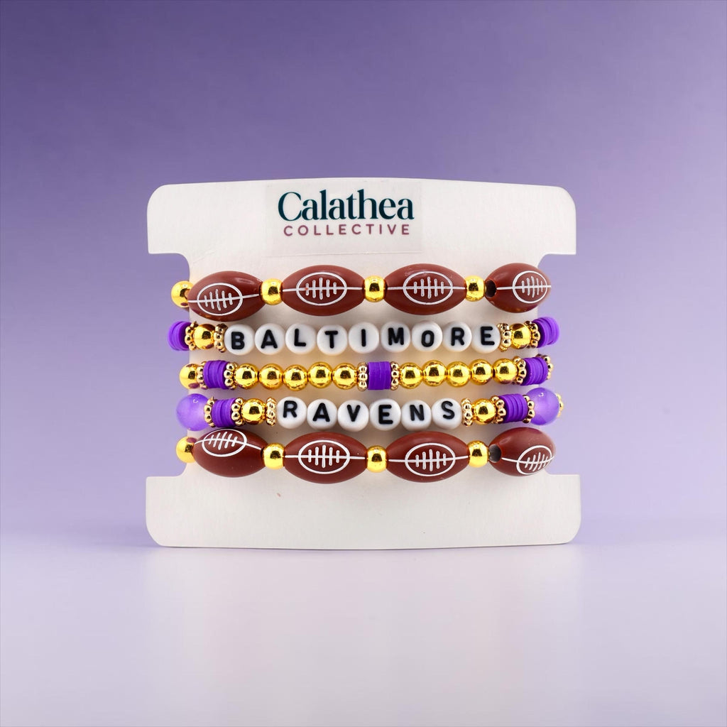 Baltimore Ravens Football Bracelet Stack: Set of 5 Purple and Gold Beaded Bracelets