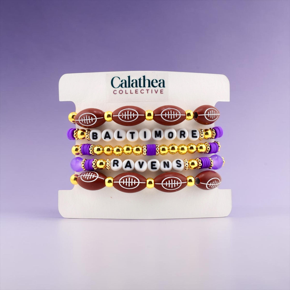 Baltimore Ravens Football Bracelet Stack: Set of 5 Purple and Gold Beaded Bracelets