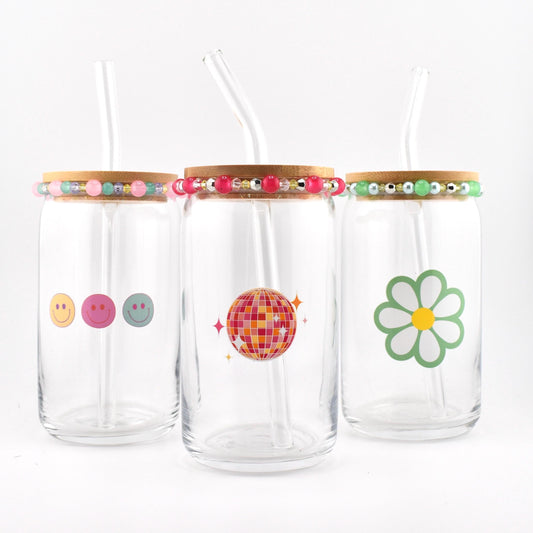 Glass Can Cup with Beaded Bracelet