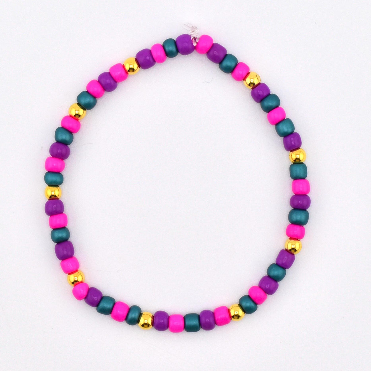 A beaded bracelet featuring a colorful array of beads. The bracelet showcases a combination of vibrant colors, including pink, purple, teal, and gold. The beads are strung together, creating a stylish accessory.