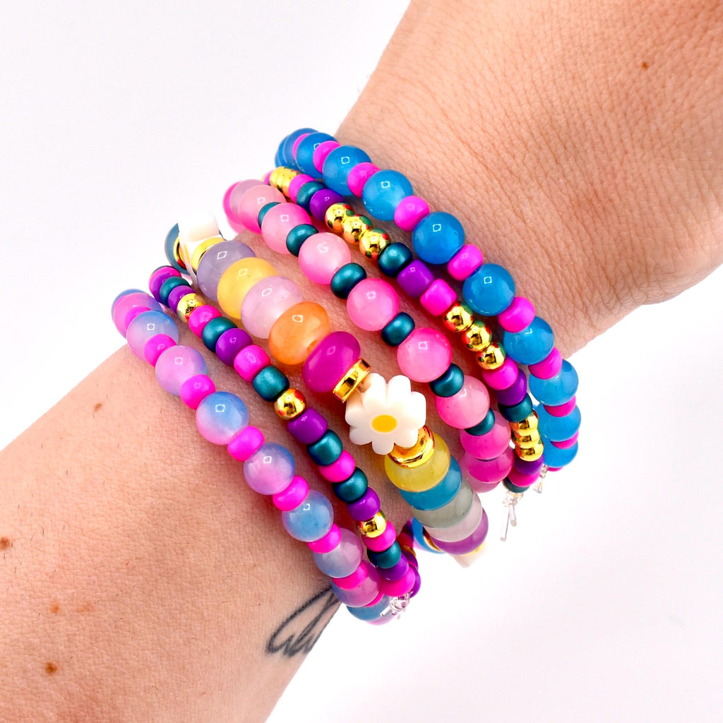 Flower Child Beaded Bracelet Stack: Colorful Glass Rondelle Daisy Beads