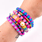 Flower Child Beaded Bracelet Stack: Colorful Glass Rondelle Daisy Beads
