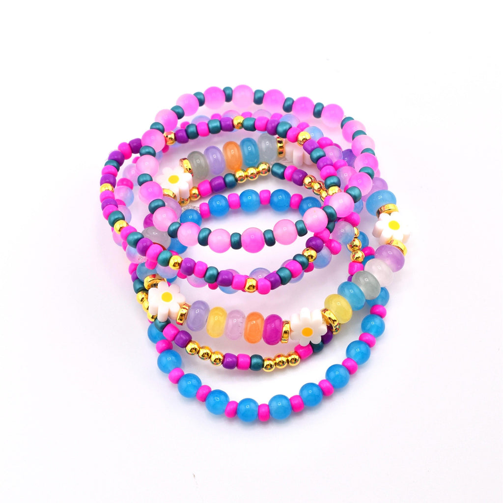 Flower Child Beaded Bracelet Stack: Colorful Glass Rondelle Daisy Beads
