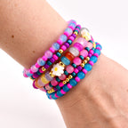 Flower Child Beaded Bracelet Stack: Colorful Glass Rondelle Daisy Beads