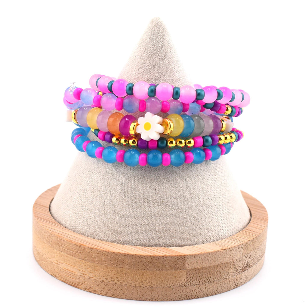 Flower Child Beaded Bracelet Stack: Colorful Glass Rondelle Daisy Beads
