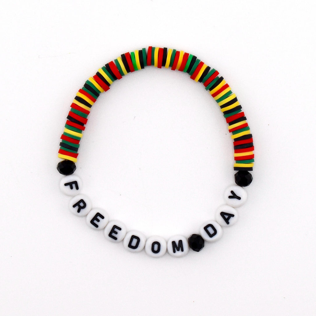 Freedom Day Beaded Bracelet • Handmade Cultural Jewelry • Red Yellow Green Black Beads • Letter Bead Bracelet • Stretch Bracelet