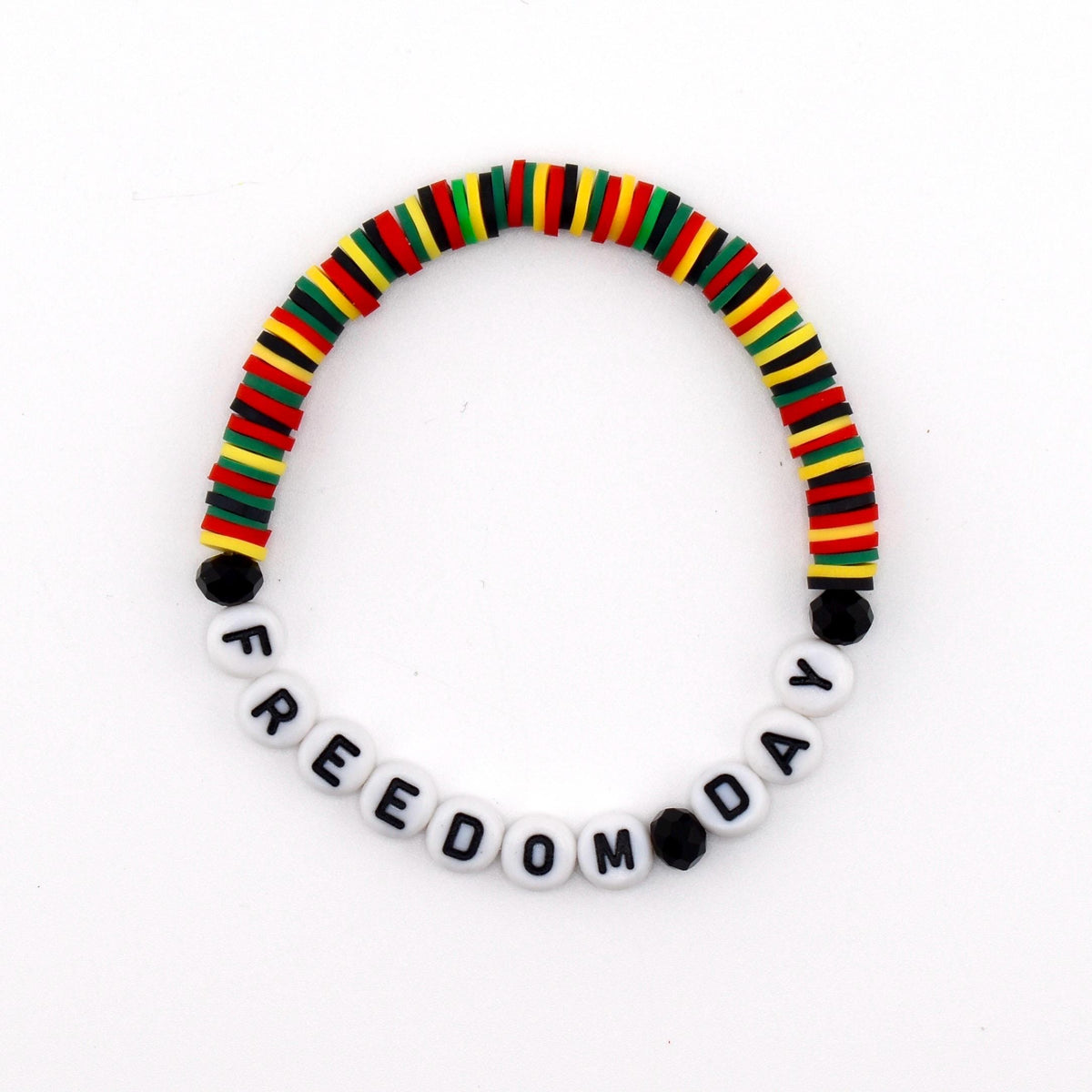 Freedom Day Beaded Bracelet • Handmade Cultural Jewelry • Red Yellow Green Black Beads • Letter Bead Bracelet • Stretch Bracelet