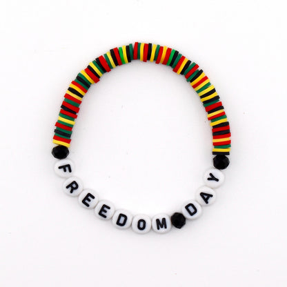 Freedom Day Beaded Bracelet • Handmade Cultural Jewelry • Red Yellow Green Black Beads • Letter Bead Bracelet • Stretch Bracelet