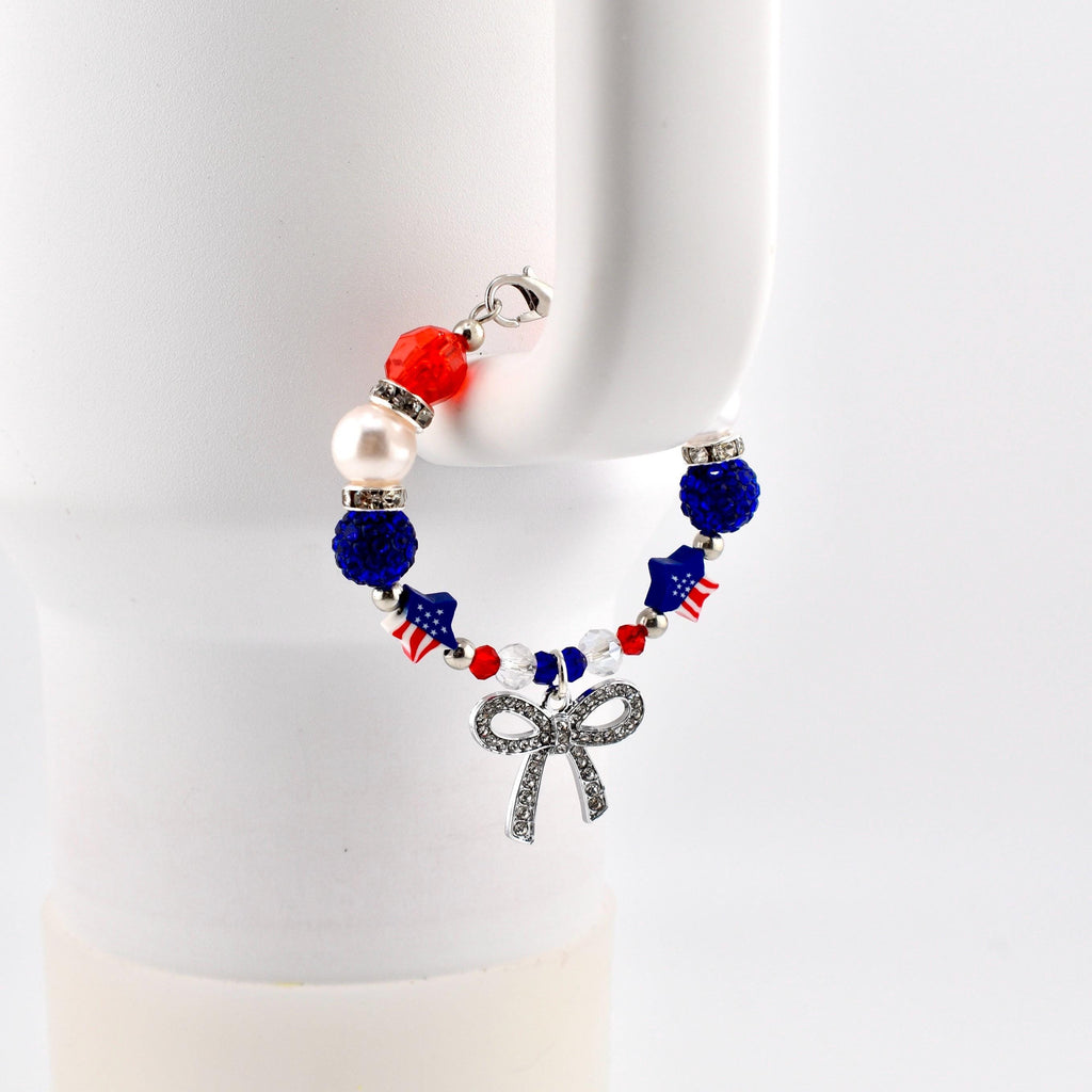 Patriotic Red White and Blue Tumbler Handle Bracelet with Rhinestone Bow Charm