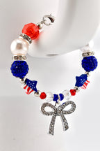 Patriotic Red White and Blue Tumbler Handle Bracelet with Rhinestone Bow Charm